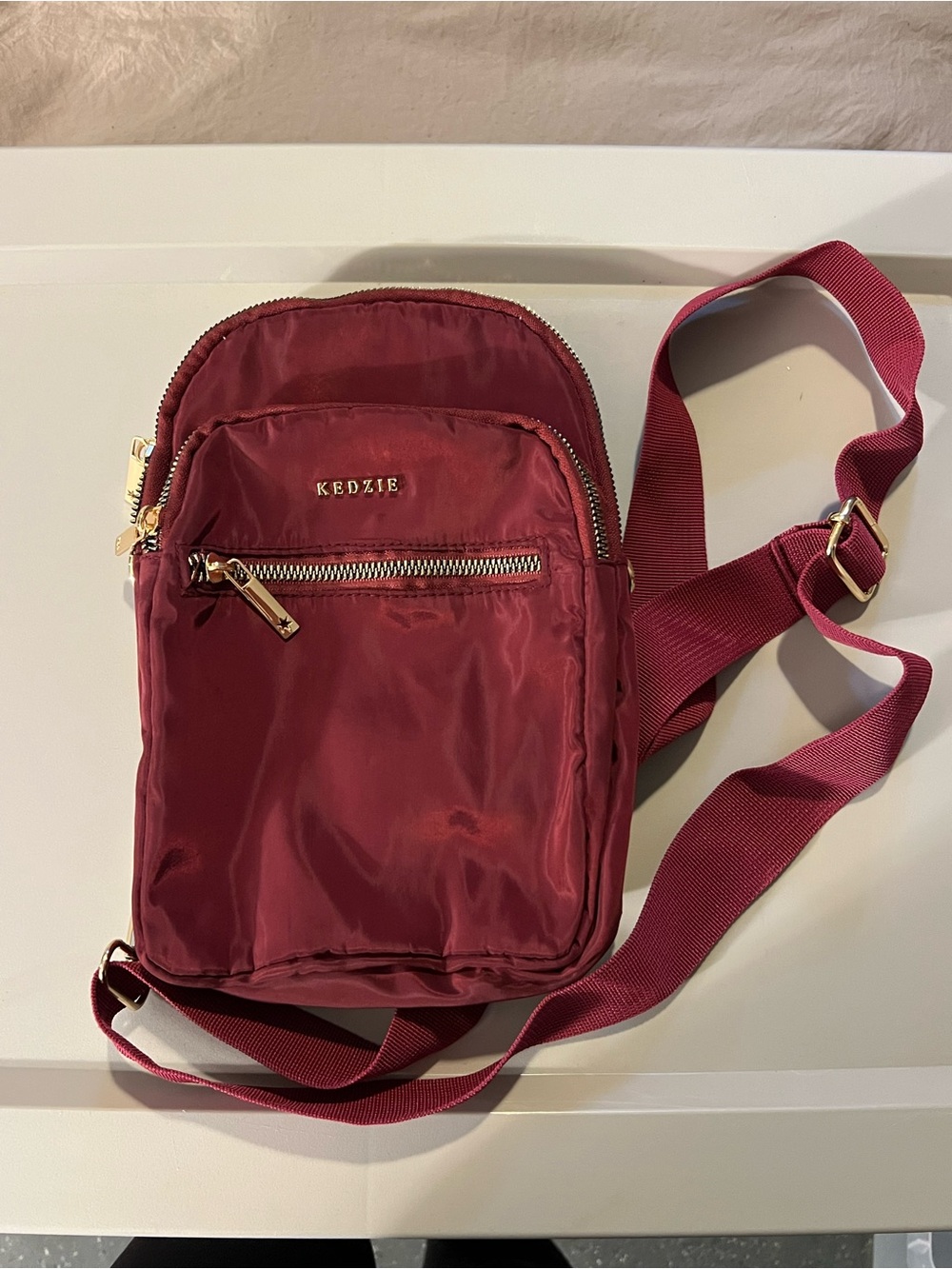 Kedzie Wine Nylon Crossbody Bag with Front Zip Pocket
